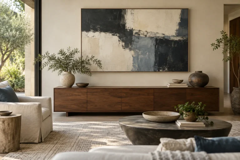 Abstract artwork above a low console in a softly lit room