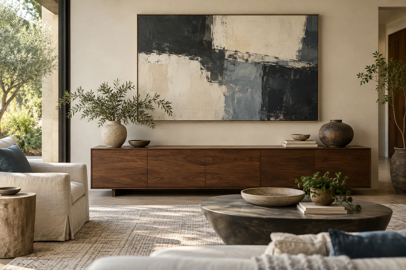 Abstract artwork and a low console in a softly lit living room