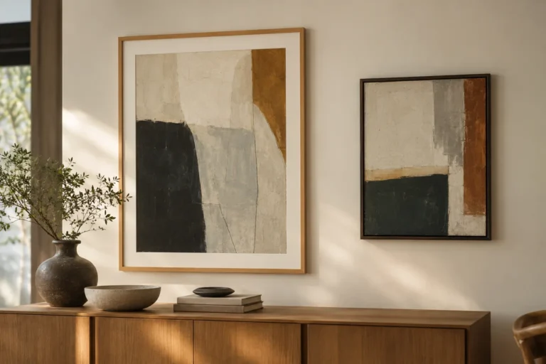 Framed abstract artwork on a pale wall
