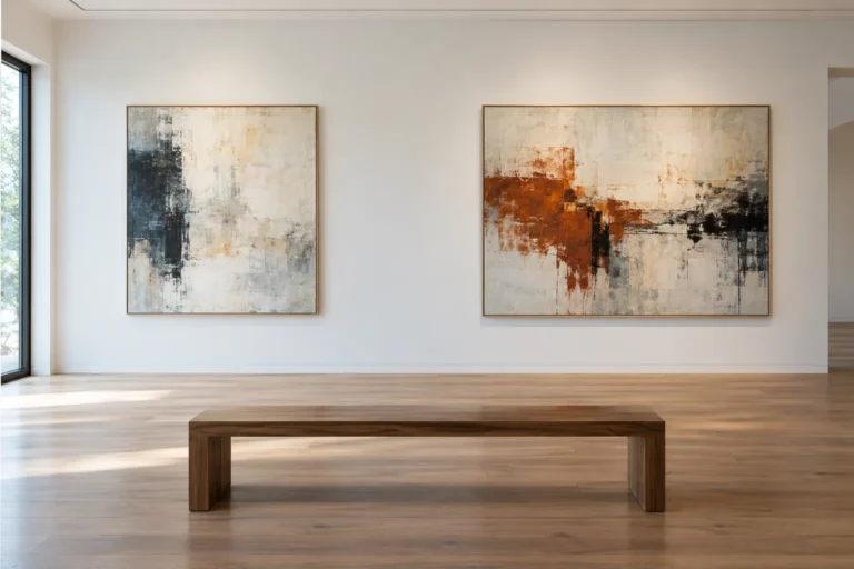A quiet gallery with abstract paintings and room to look
