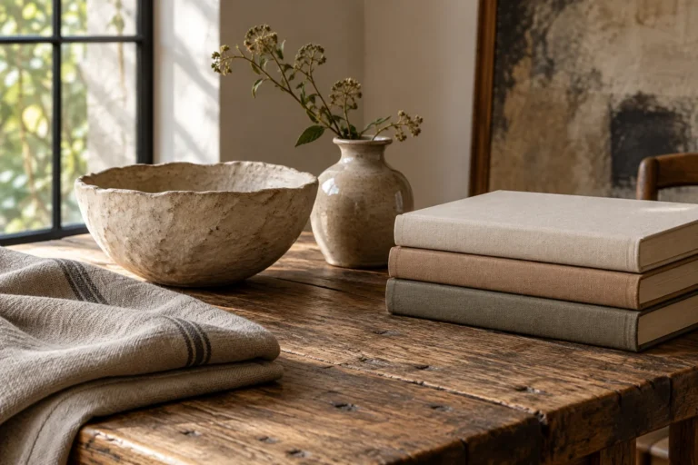 Ceramic vessel, books, and natural materials on a wooden table