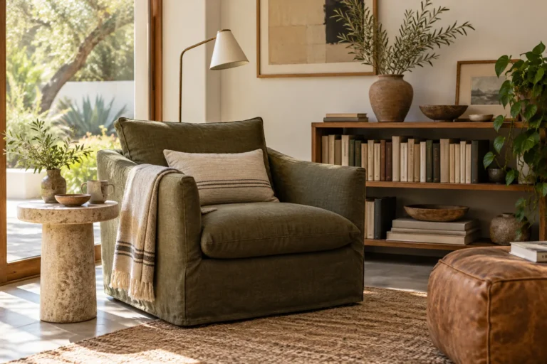 Reading chair and books in an inviting residential interior