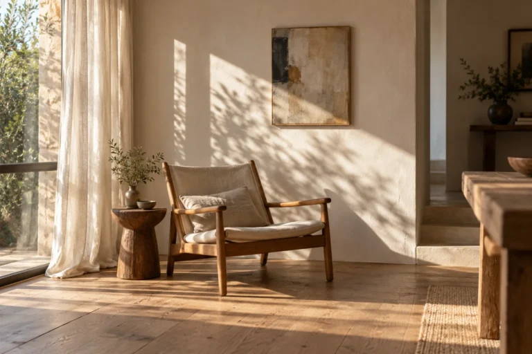 Natural light falling across a quiet living room